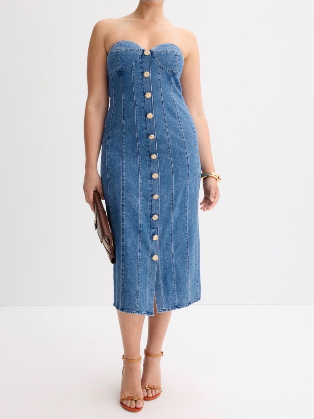 Ronny Kobo Blue Denim Strapless Maxi Dress with Gold Buttons